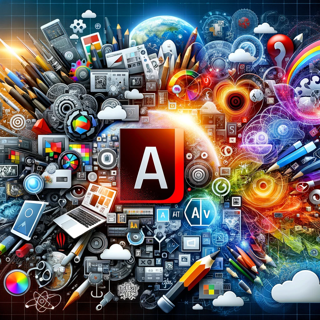 A dynamic collage showcasing Adobe&rsquo;s major software solutions like Photoshop, Illustrator, and Creative Cloud, emphasizing the company&rsquo;s impact in digital art and technology.