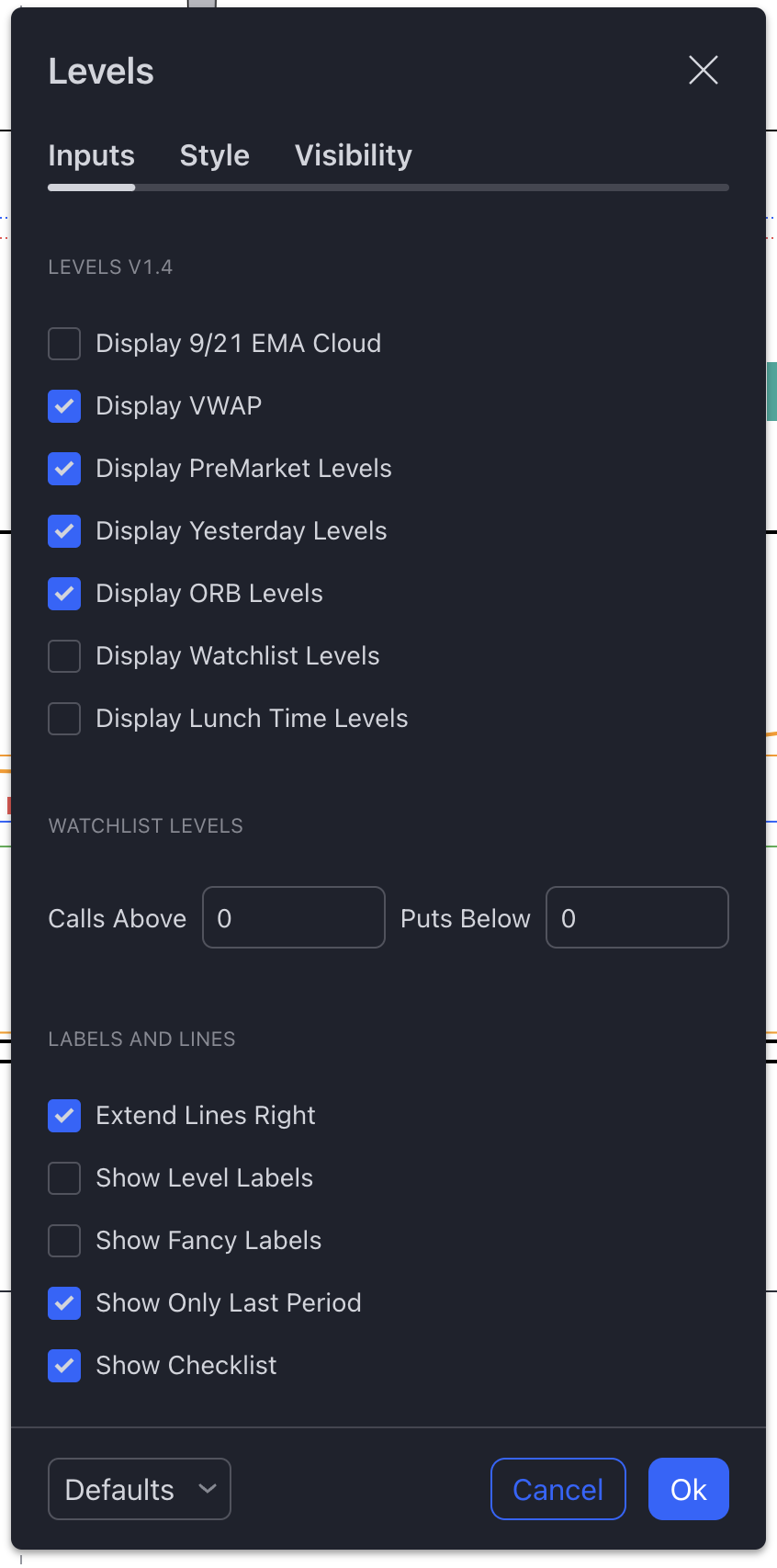 Key Levels Trading View Indicator Settings